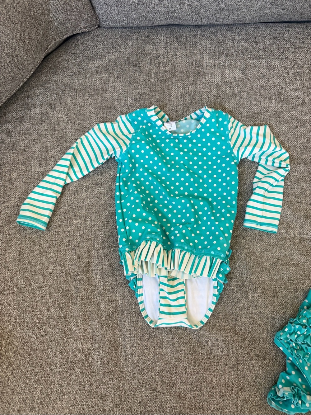 Ruffle Butts Teal and White Polka Dot & Striped Long-Sleeve Swimsuit